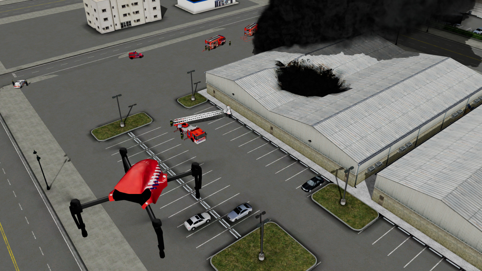 Drone deployed at a large warehouse fire by a fire service pilot to provide an aerial viewpoint for the incident commanders.